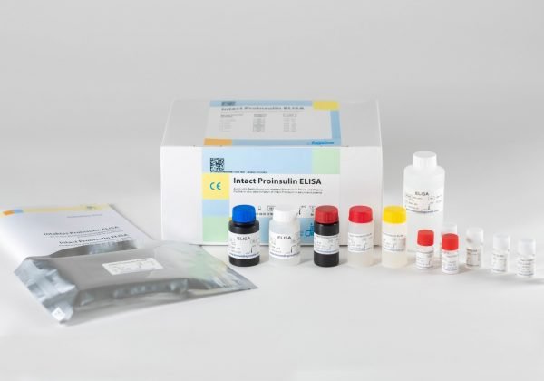 The components of the Immundiagnostik Intact Proinsulin ELISA laid out in front of a white background.