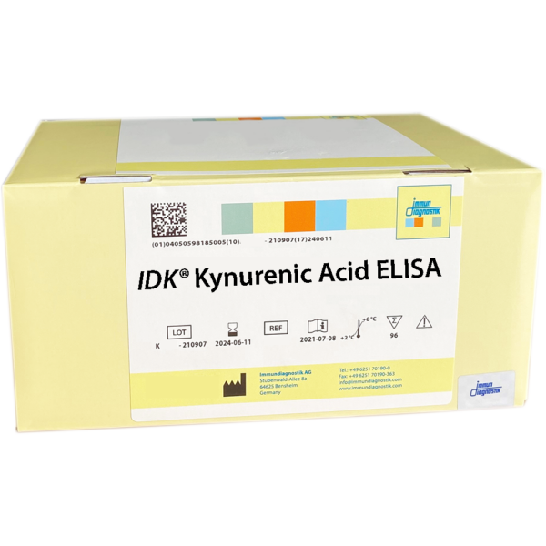 The IDK® Kynurenic Acid ELISA yellow kit box.