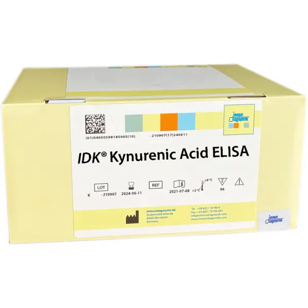 The IDK® Kynurenic Acid ELISA yellow kit box.