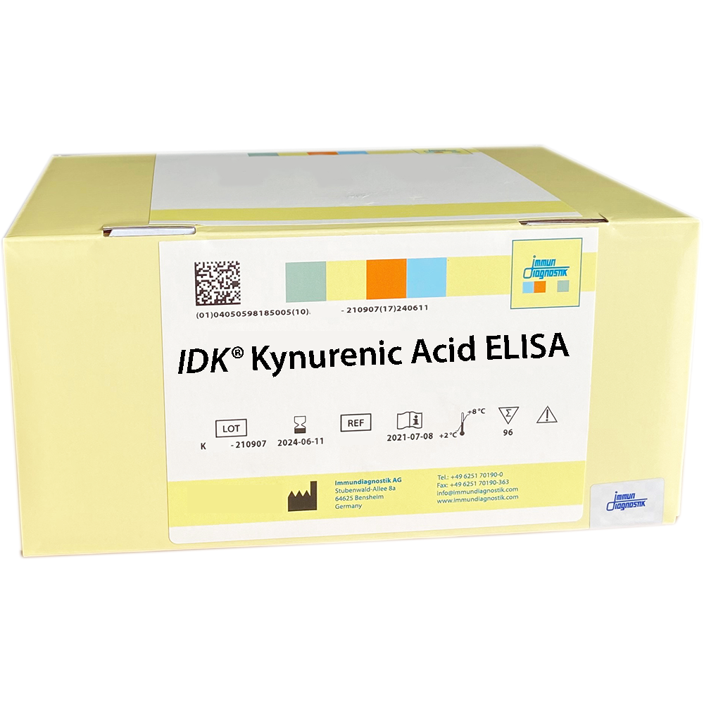 The IDK® Kynurenic Acid ELISA yellow kit box.