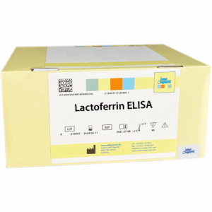 The Lactoferrin ELISA yellow kit box.
