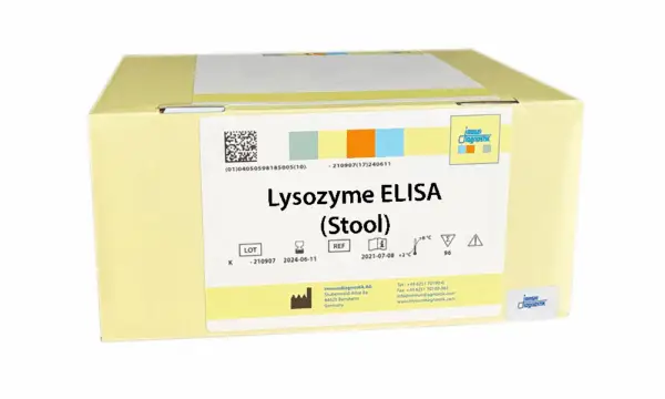The Lysozyme ELISA (Stool) yellow kit box.