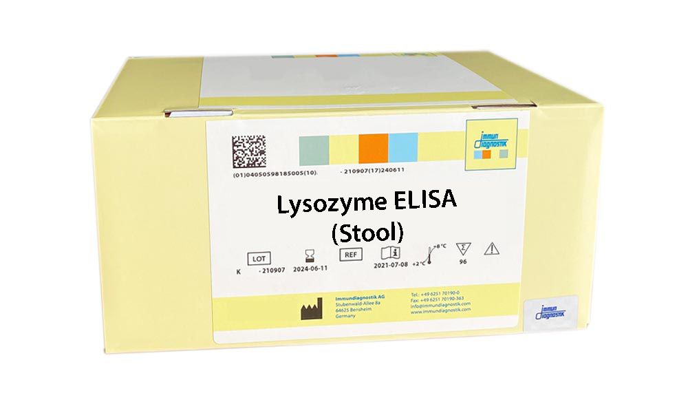 The Lysozyme ELISA (Stool) yellow kit box.