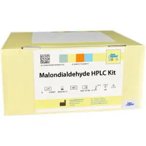 The Malondialdehyde HPLC Kit yellow kit box.