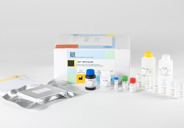 The components of the Immundiagnostik MPO ELISA laid out in front of a white background.