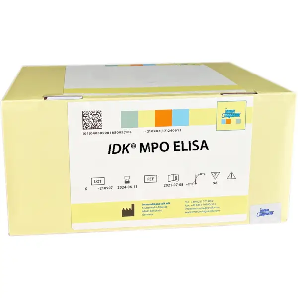 The IDK® MPO ELISA yellow kit box.