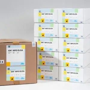 A photo comparison of our MPO ELISA Bulk Pack (20 Plates) versus the equivalent of 20 individual MPO kit boxes.