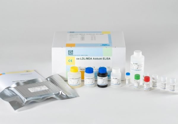 The components of the Immundiagnostik ox-LDL/MDA Adduct ELISA laid out in front of a white background.