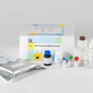The components of the Immundiagnostik Pancreatic Elastase ELISA laid out in front of a white background.