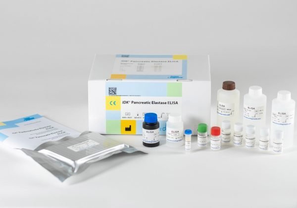 The components of the Immundiagnostik Pancreatic Elastase ELISA laid out in front of a white background.