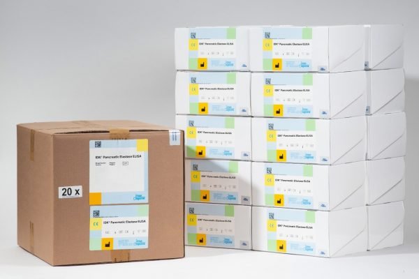 A photo comparison of our Pancreatic Elastase ELISA Bulk Pack (20 Plates) versus the equivalent of 20 individual Pancreatic Elastase kit boxes.