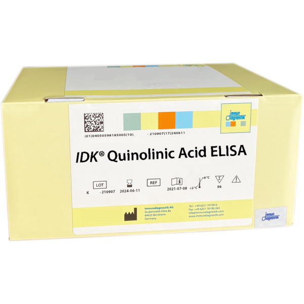The IDK® Quinolinic Acid ELISA yellow kit box.