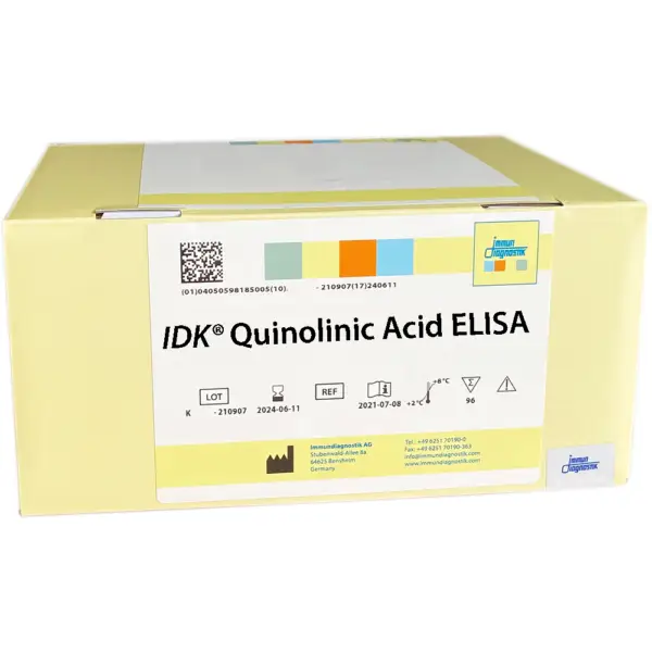 The IDK® Quinolinic Acid ELISA yellow kit box.