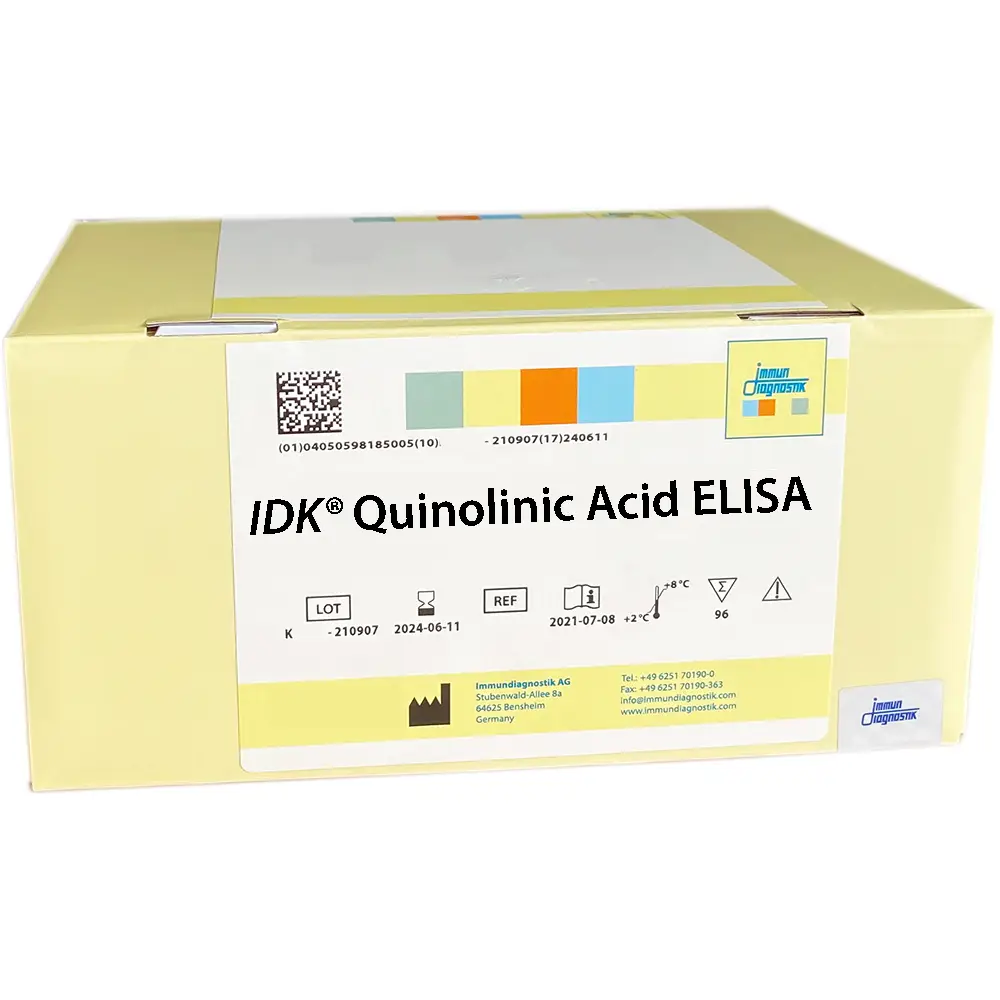The IDK® Quinolinic Acid ELISA yellow kit box.