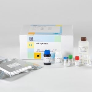 The components of the Immundiagnostik sIgA ELISA laid out in front of a white background.