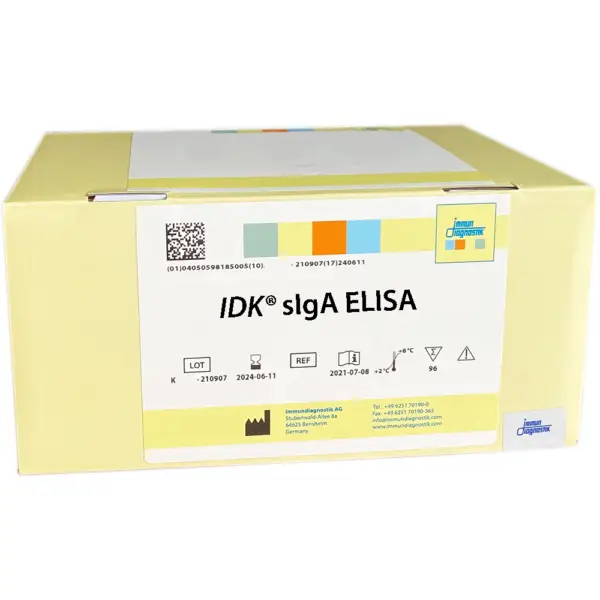 The IDK® Secretory IgA ELISA yellow kit box.