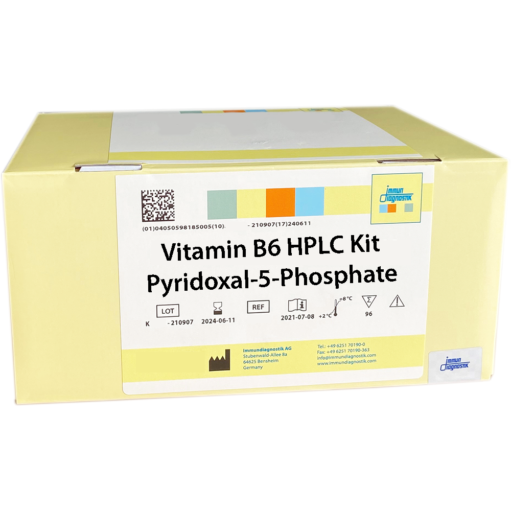 The Vitamin B6 HPLC Kit (Pyridoxal-5-phosphate) yellow kit box.