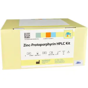 The Zinc-Protoporphyrin HPLC Kit yellow kit box.