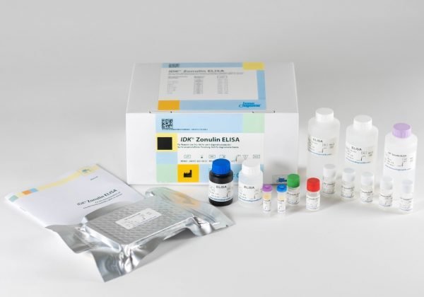 The components of the Immundiagnostik Zonulin ELISA laid out in front of a white background.