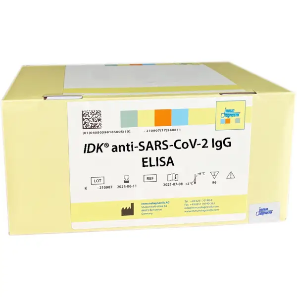 The IDK® anti-SARS-CoV-2 IgG ELISA yellow kit box.