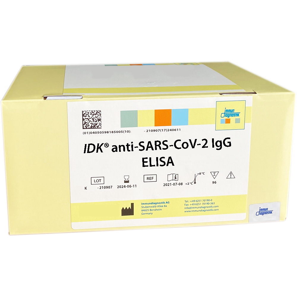 The IDK® anti-SARS-CoV-2 IgG ELISA yellow kit box.