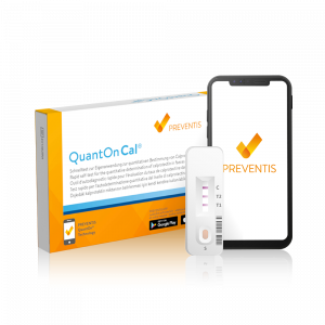 The Preventis QuantOn Cal® Calprotectin Rapid Test kit standing next to a smartphone running the app procedure.