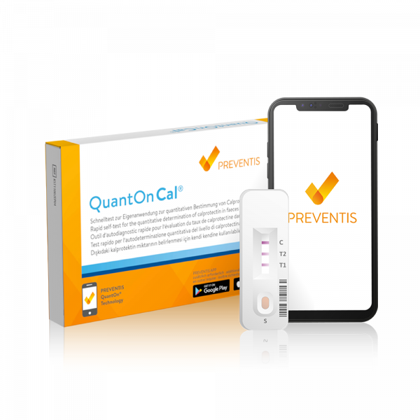 The Preventis QuantOn Cal® Calprotectin Rapid Test kit standing next to a smartphone running the app procedure.