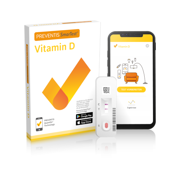 The Preventis SmarTest Pro® Vitamin D testing kit standing next to a smartphone running the app procedure.