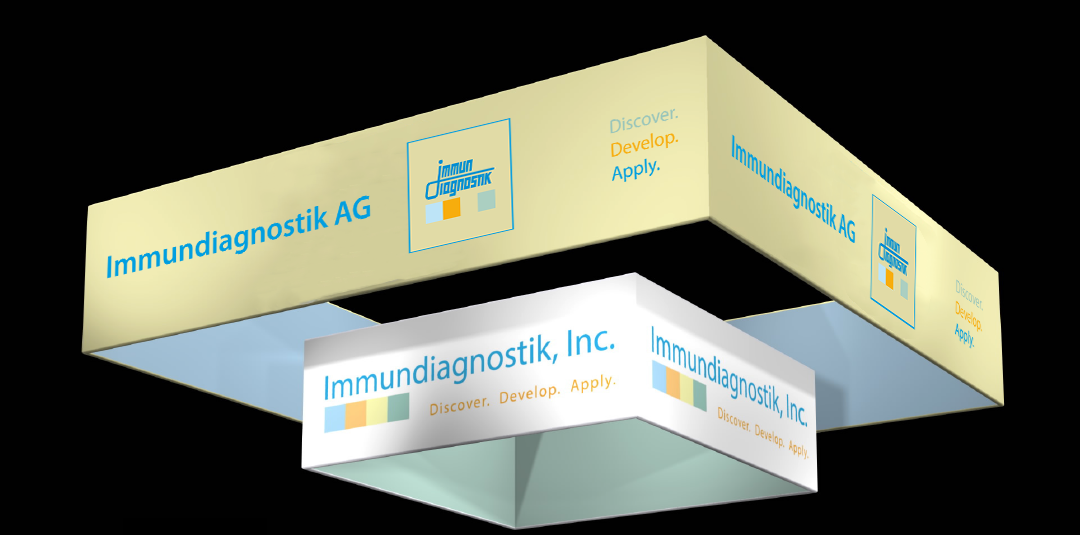 A large, square-shaped banner suspended from a ceiling with Immundiagnostik AG logo