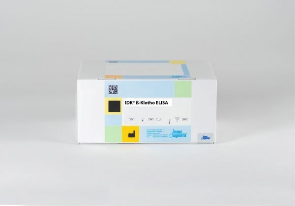 The IDK® Beta-Klotho ELISA box sitting on a white table against a white background.