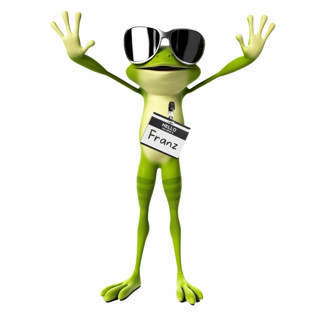 Franz the IDK® Frog wearing sunglasses standing with his hands in the air.