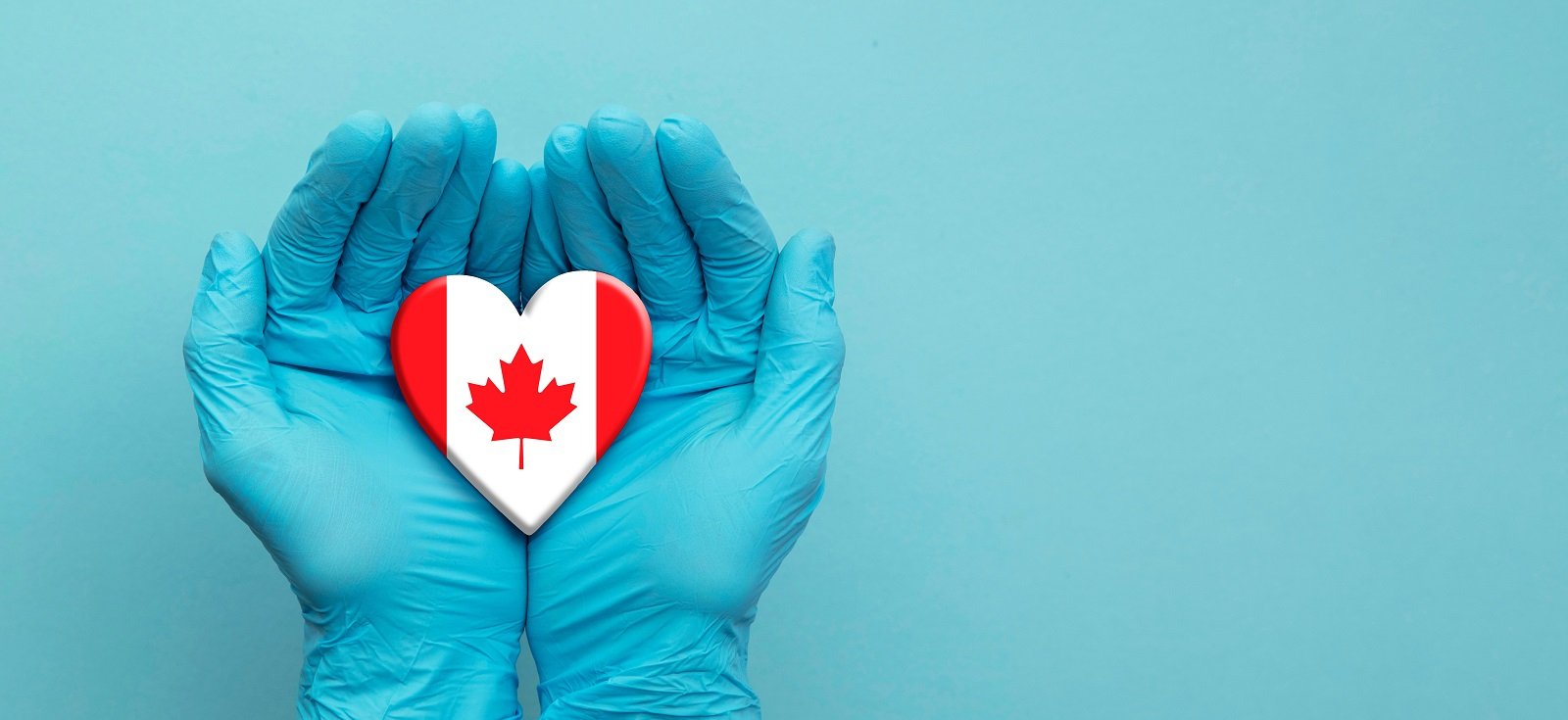 Two gloved hands holding a heart-shaped Canadian flag.