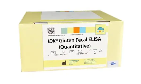 The IDK® Gluten Fecal ELISA yellow kit box.