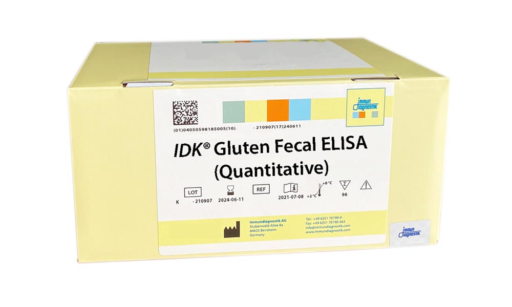 The IDK® Gluten Fecal ELISA yellow kit box.