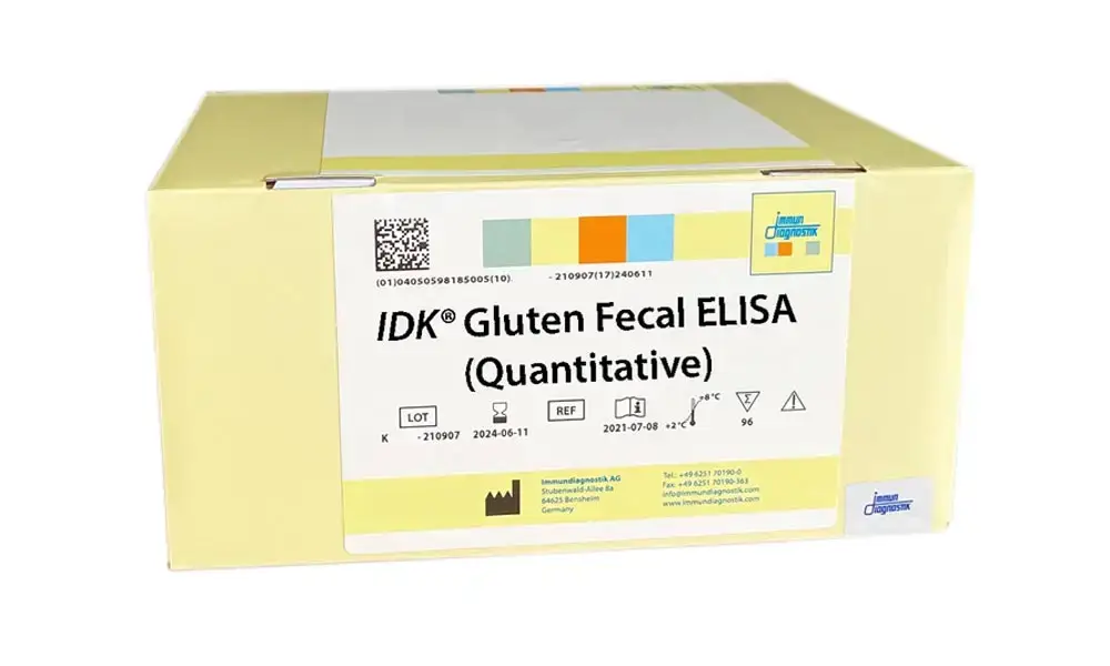 The IDK® Gluten Fecal ELISA yellow kit box.