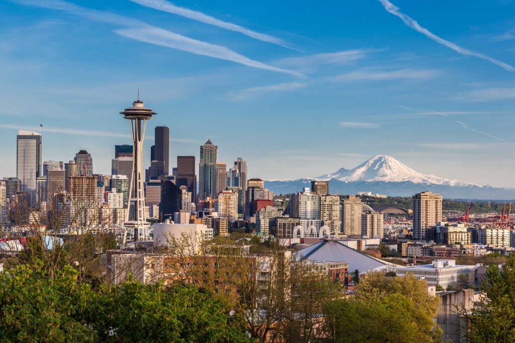 The downtown Seattle skyline with Mount Ranier in the background.