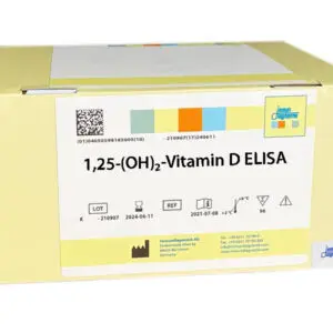 A yellow Immundiagnostik ELISA kit box with a white label that says, "1,25-(OH)2-Vitamin D ELISA".