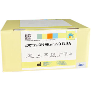 The IDK 25-OH-Vitamin D ELISA yellow kit box.