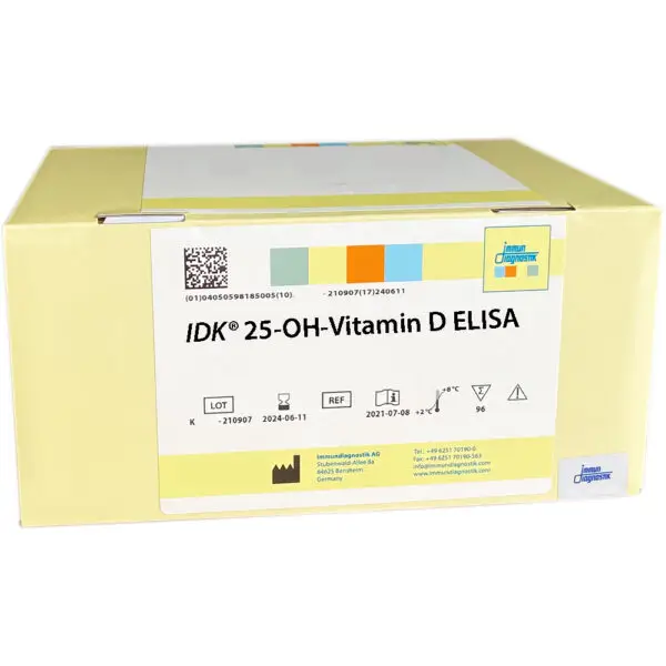The IDK 25-OH-Vitamin D ELISA yellow kit box.