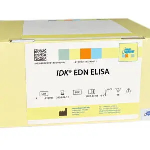 A yellow Immundiagnostik ELISA kit box with a white label that says, "IDK® EDN ELISA".