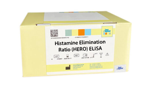 A yellow Immundiagnostik ELISA kit box with a white label that says, "Histamine Elimination Ratio (HERO) ELISA".