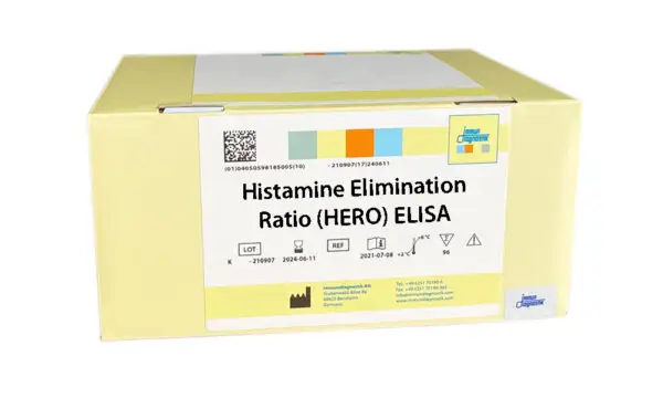 A yellow Immundiagnostik ELISA kit box with a white label that says, "Histamine Elimination Ratio (HERO) ELISA".
