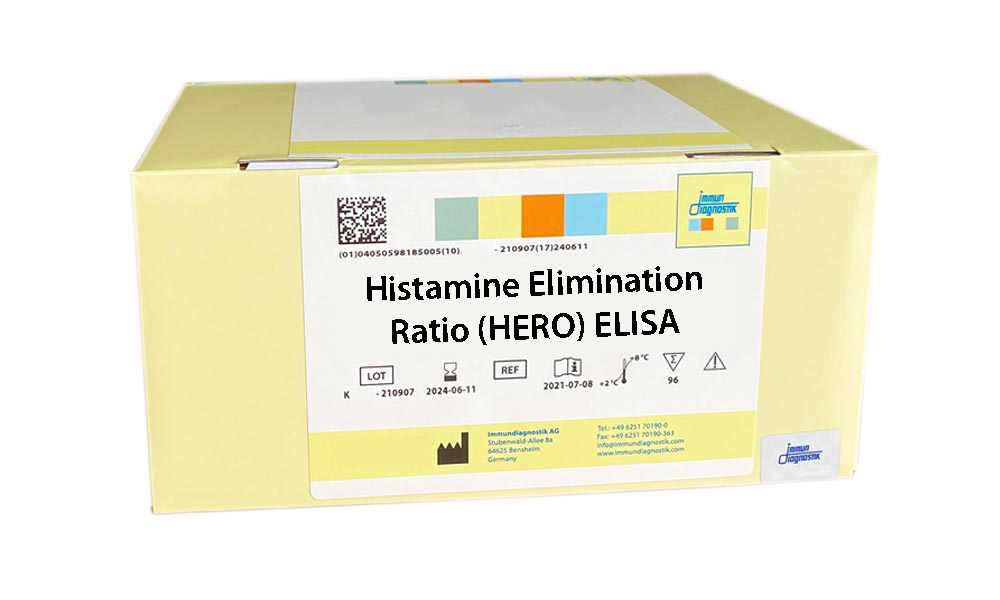 A yellow Immundiagnostik ELISA kit box with a white label that says, "Histamine Elimination Ratio (HERO) ELISA".