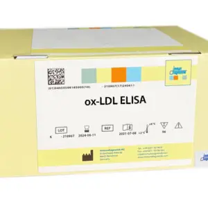 A yellow Immundiagnostik ELISA kit box with a white label that says, "ox-LDL ELISA".