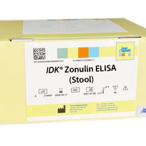 A yellow Immundiagnostik ELISA kit box with a white label that says, "IDK® Zonulin ELISA (Stool)".