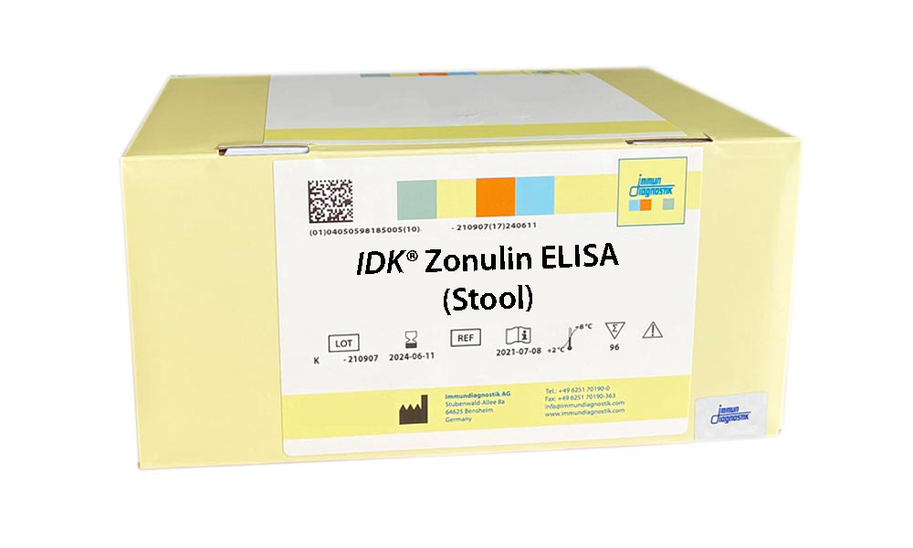A yellow Immundiagnostik ELISA kit box with a white label that says, "IDK® Zonulin ELISA (Stool)".