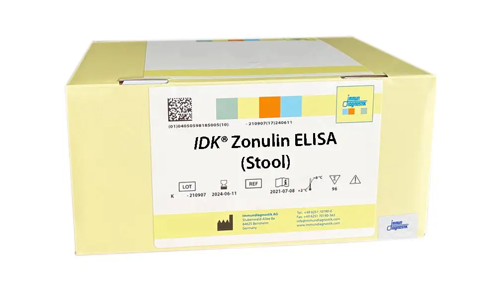 A yellow Immundiagnostik ELISA kit box with a white label that says, "IDK® Zonulin ELISA (Stool)".
