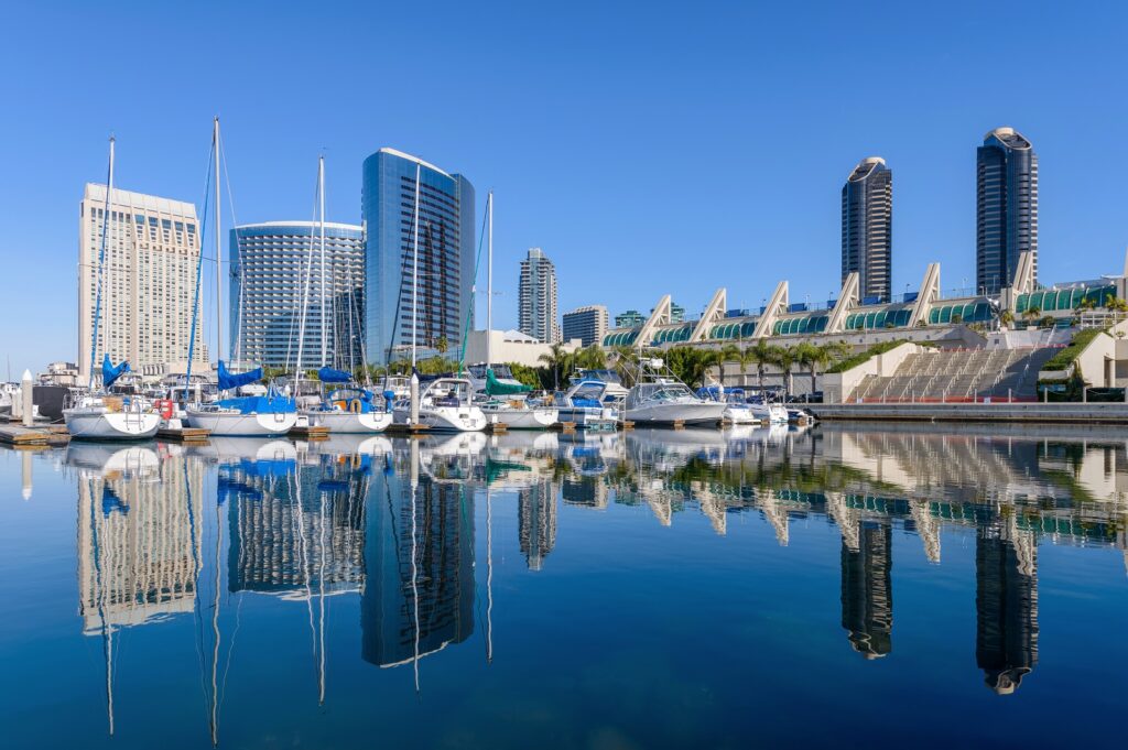 A view of boats docked outside of the San Diego Convention Center.