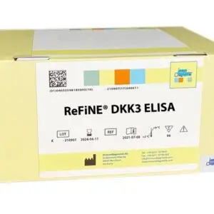 The ReFiNE® DKK3 ELISA yellow kit box against a white background.