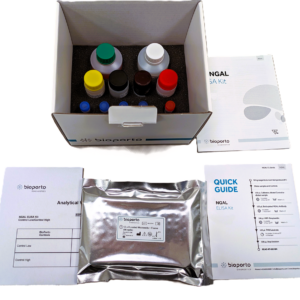 The BioPorto Diagnostics NGAL ELISA kit box surrounded by all the included components of the kit.